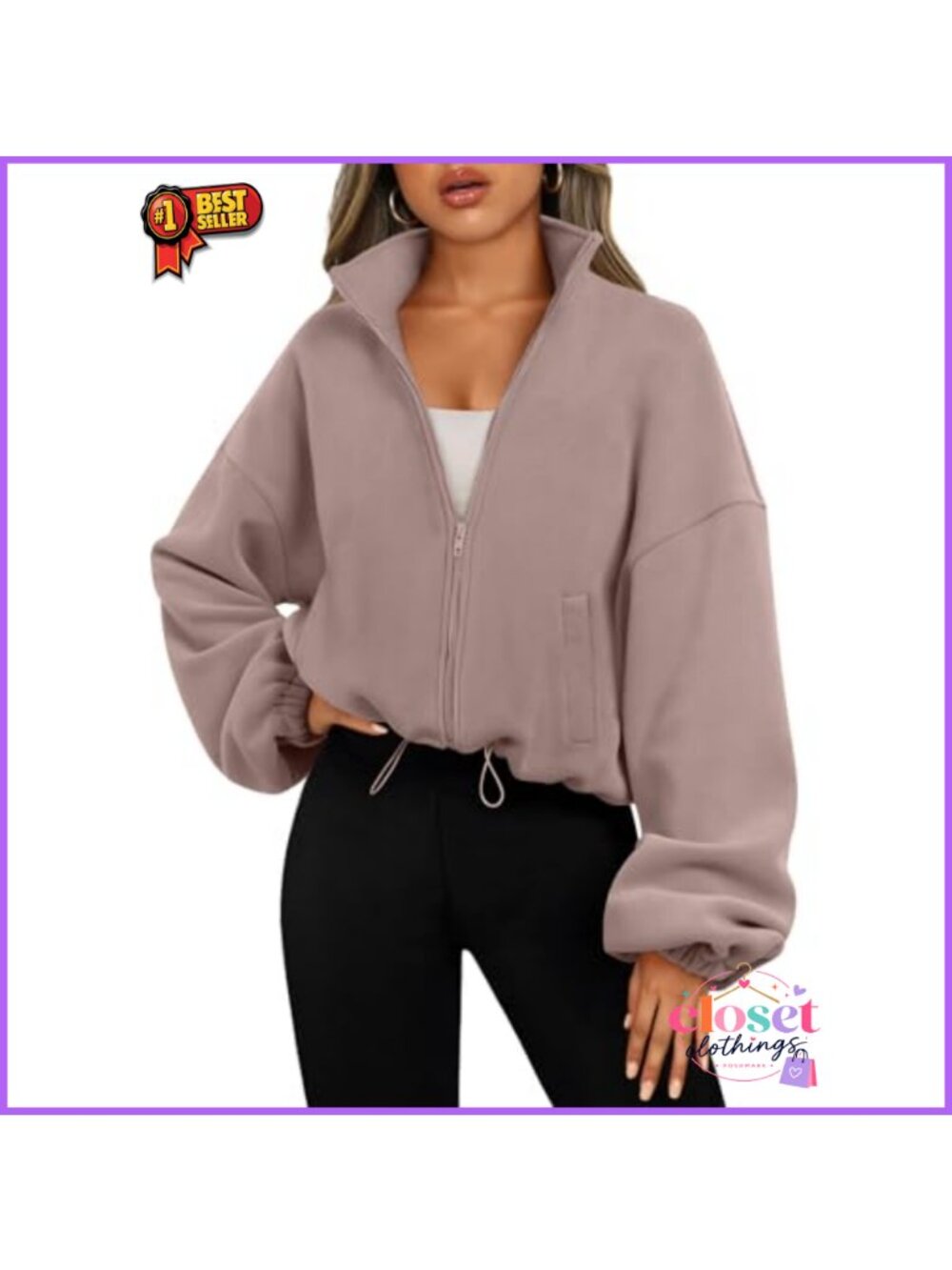 Womens Oversized Cropped Fleece Zip Up Sweatshirt Jacket
